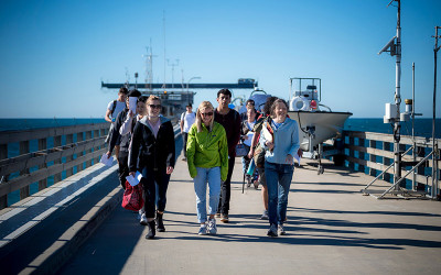 A group of people walking on a pier